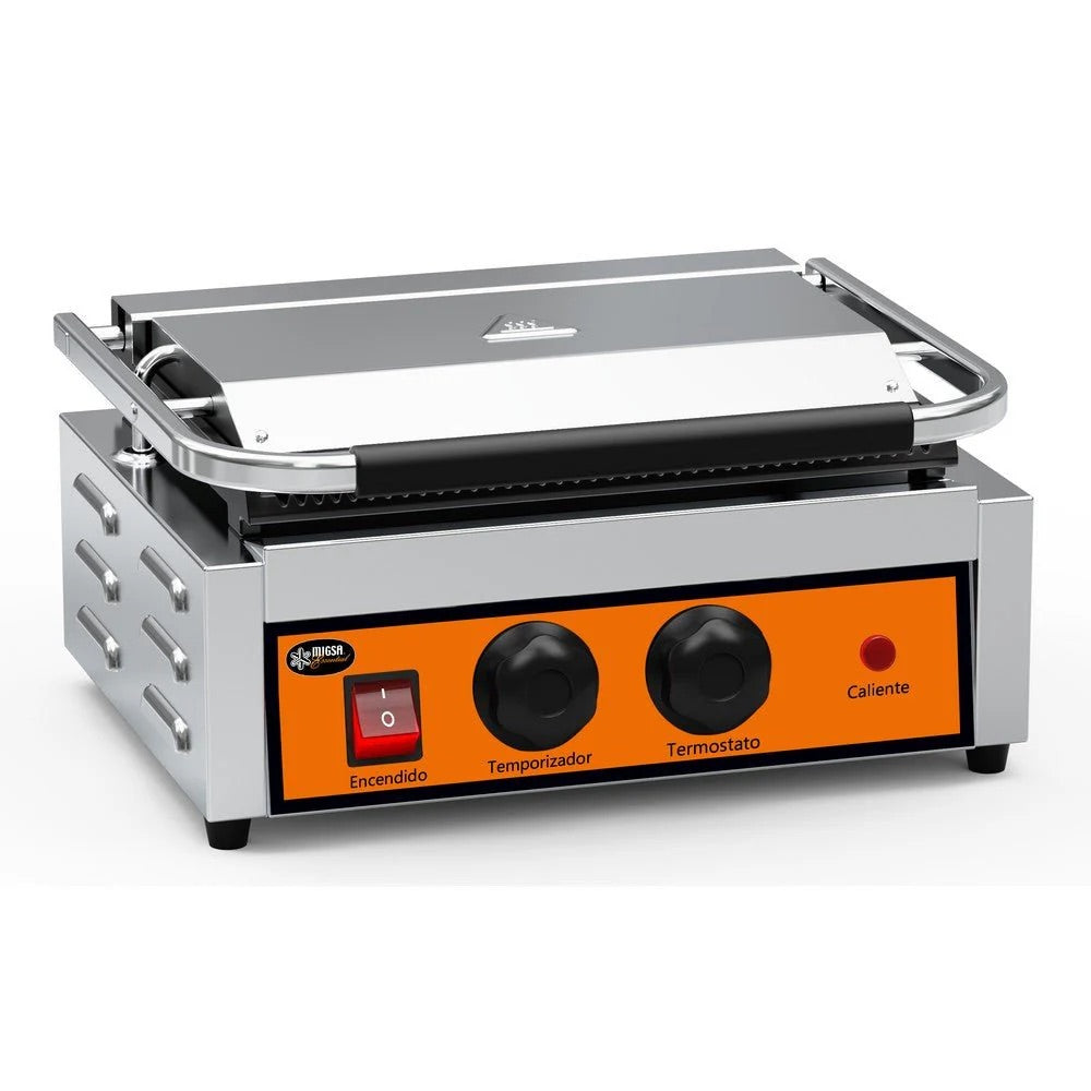 Plancha Panini Grill Eléctrica Industrial 120V Doble Acanalada en Acero Inoxidable Migsa Essential PPME-2